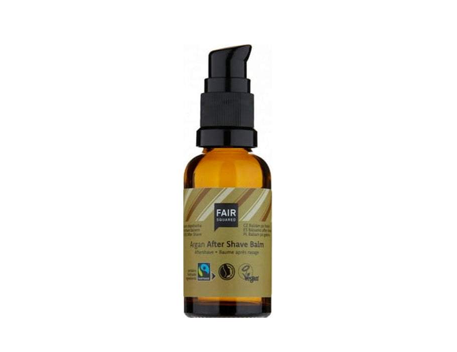 Fair Squared Argan After Shave Balm in bruin glazen pompflacon; verzorgende en hydraterende aftershavebalsem met fairtrade arganolie voor een zachte en gekalmeerde huid.