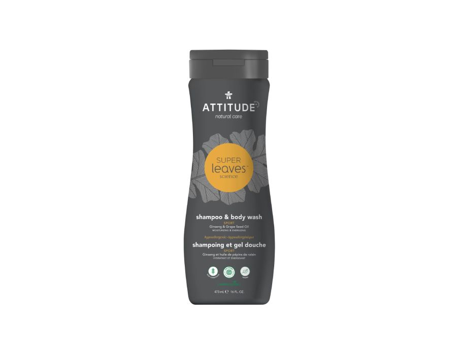 Attitude Super Leaves shampoo & body wash in donkere fles met oranje label, hypoallergeen en voedend met ginseng en druivenpitolie.
