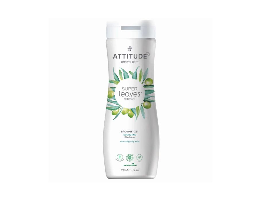 Attitude Super Leaves shower gel in witte fles met olijfbladeren, hypoallergeen en voedend.