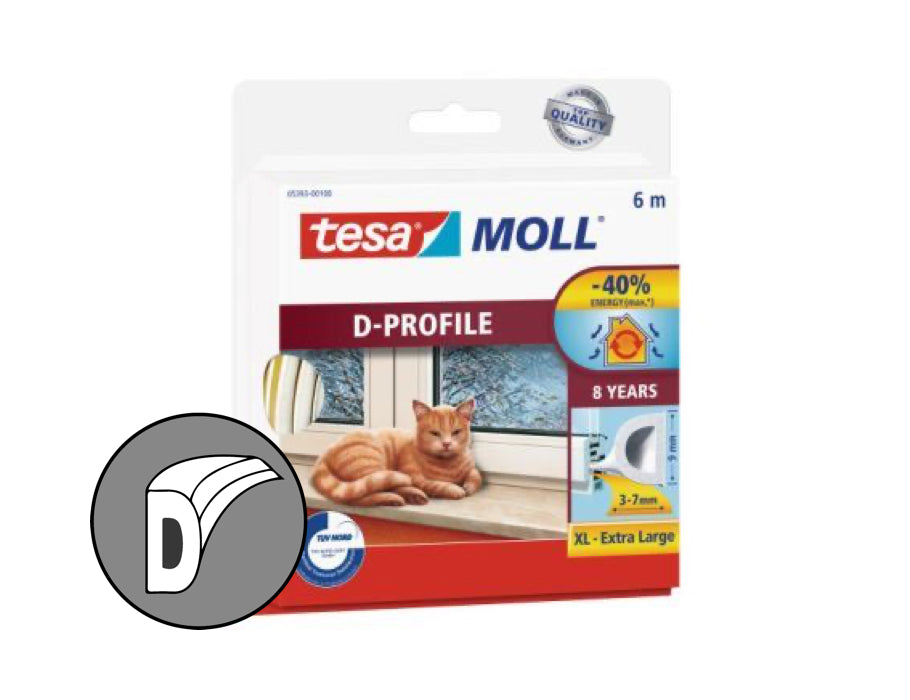 Tesa - Tochtband - D profiel - 6m x 3-7mm - wit