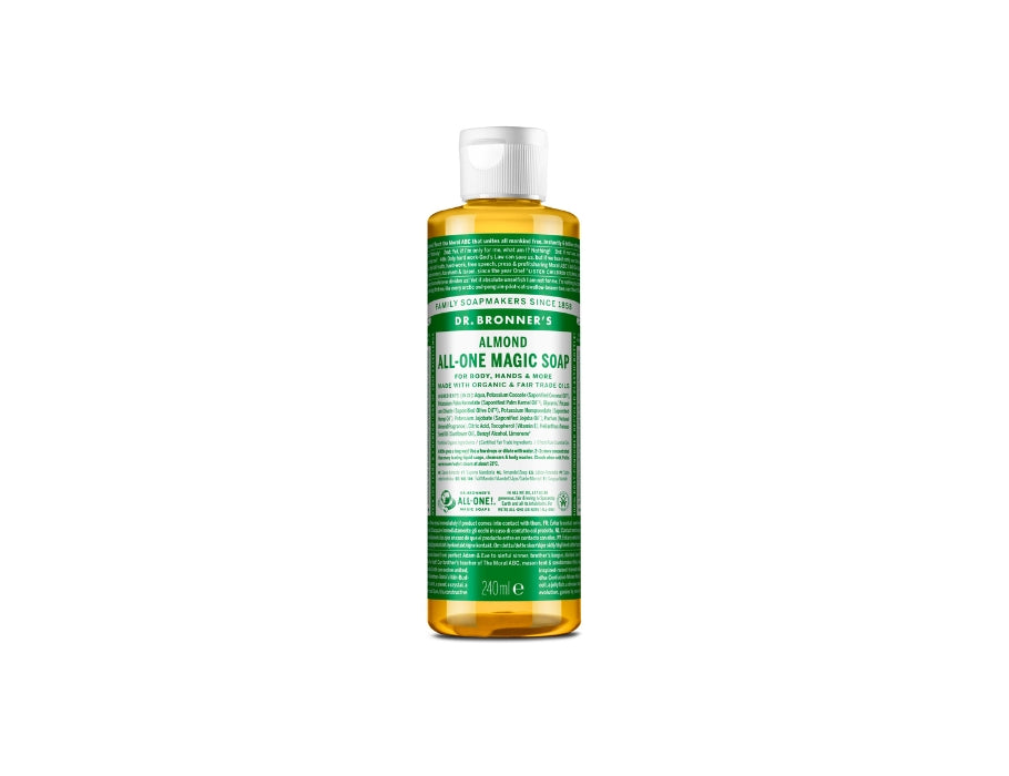 Transparante fles Dr. Bronner’s Almond All-One Magic Soap met groene label en witte dop; biologische vloeibare zeep van 240 ml.