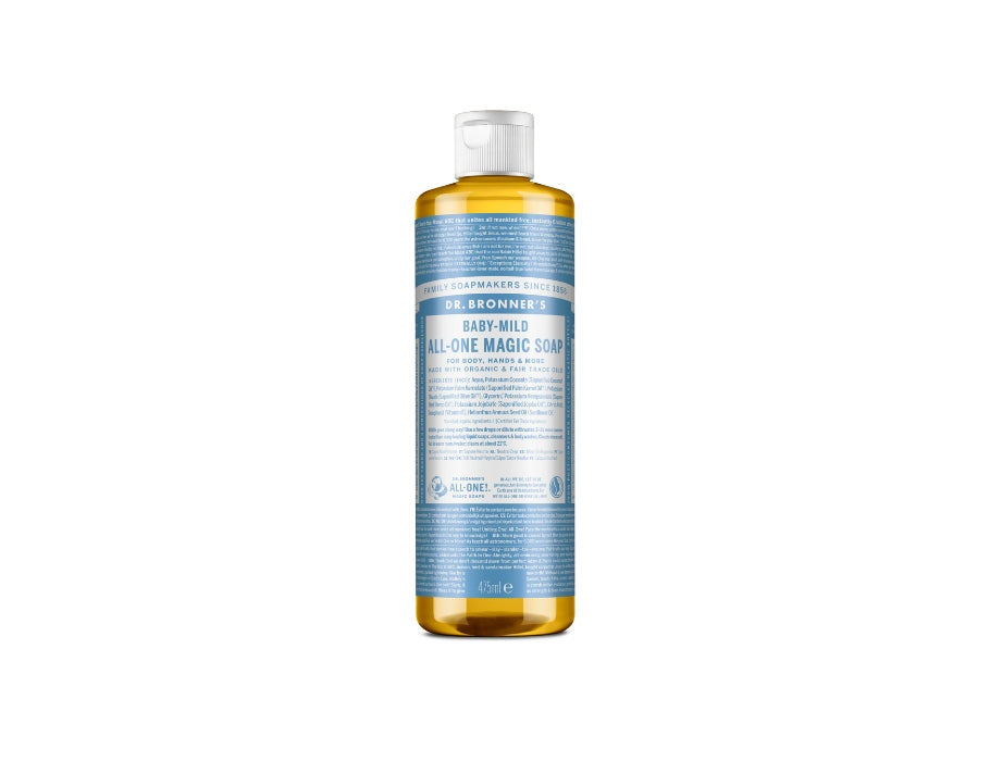 Grote fles Dr. Bronner’s Baby-Mild All-One Magic Soap 473 ml met lichtblauw label en witte dop; extra milde ongeparfumeerde biologische vloeibare zeep voor gevoelige huid.