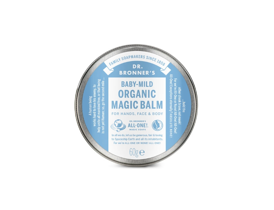 Dr. Bronner’s Baby-Mild Organic Magic Balm in een ronde metalen tin met lichtblauwe en witte opdruk, geschikt voor handen, gezicht en lichaam.