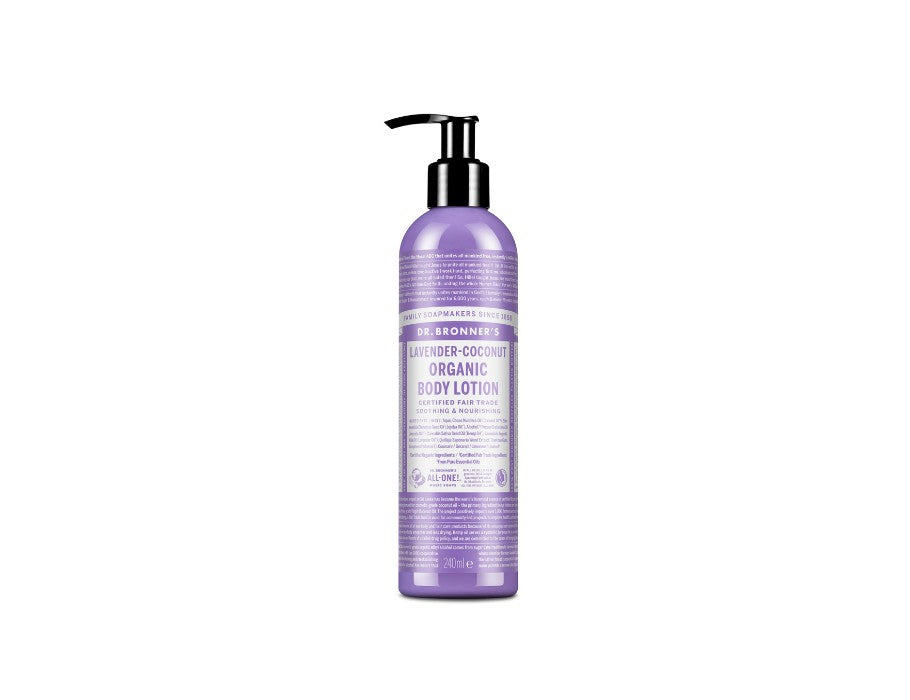 Paarse fles Dr. Bronner’s Lavender-Coconut Organic Body Lotion met pompdispenser, voorzien van witte en paarse tekst, gecertificeerd biologisch en fair trade.