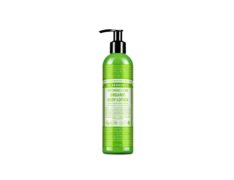 Groene fles Dr. Bronner’s Patchouli-Lime Organic Body Lotion met zwarte pompdispenser en witte opdruk; biologische en fair trade lichaamslotion.