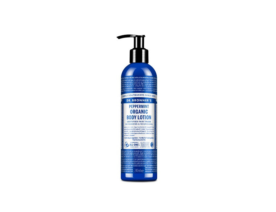 Blauwe fles Dr. Bronner’s Peppermint Organic Body Lotion met zwarte pompdispenser en witte opdruk; biologische en fair trade verfrissende lichaamslotion.