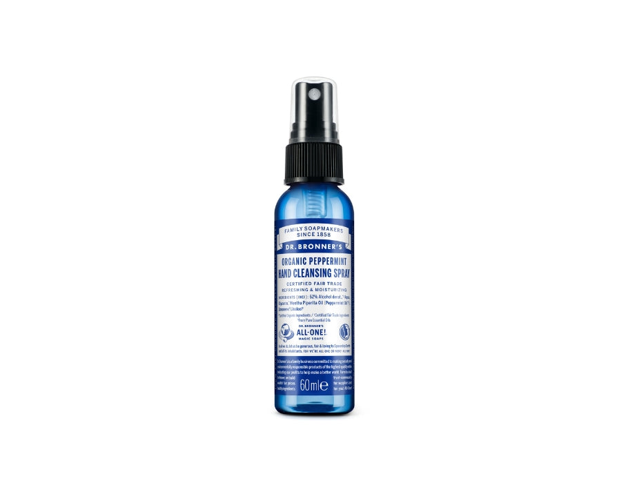 Blauwe sprayfles Dr. Bronner’s Organic Peppermint Hand Cleansing Spray met zwarte verstuiver en witte opdruk; biologische en verfrissende handspray van 60 ml.