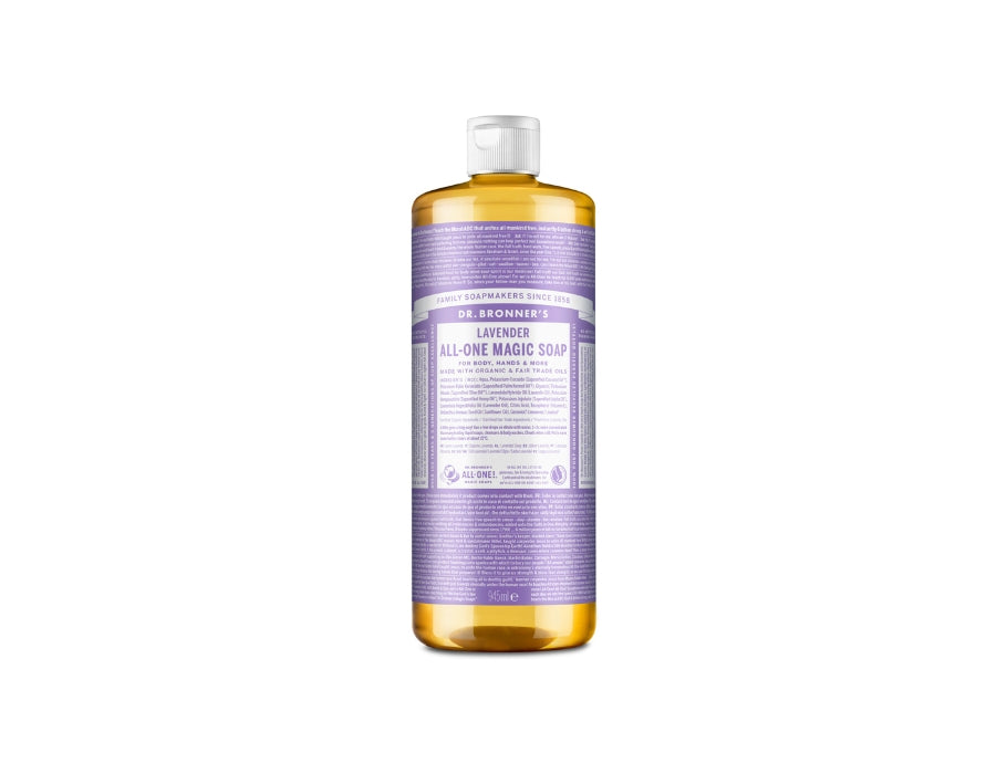 Grote transparante fles Dr. Bronner’s Lavender All-One Magic Soap met paarse label en witte dop; biologische vloeibare zeep van 946 ml.