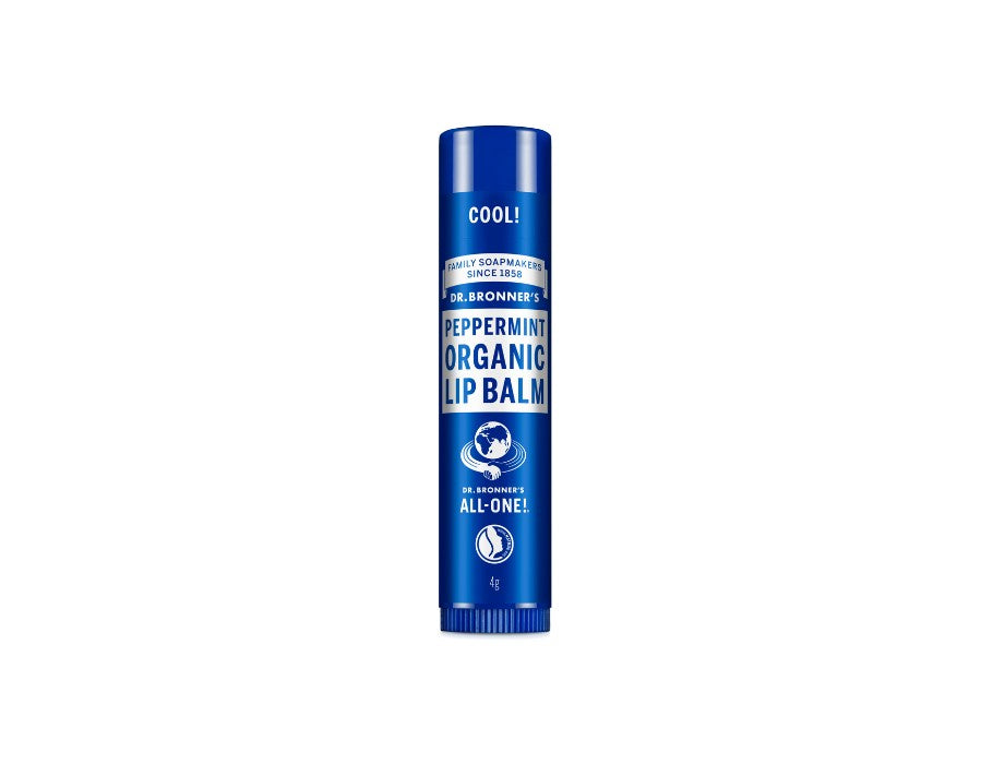 Blauwe stick Dr. Bronner’s Peppermint Organic Lip Balm met witte opdruk; biologische lippenbalsem met verfrissende pepermunt, 4 g.