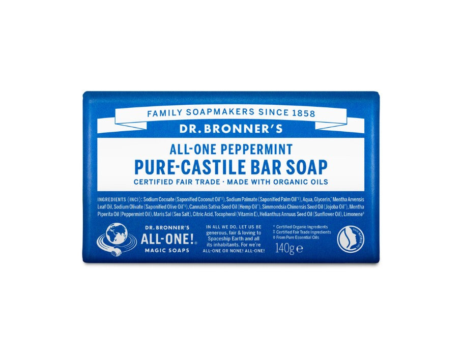 Dr. Bronner’s All-One Peppermint Pure-Castile Bar Soap 140 g in blauwe verpakking; verfrissende biologische zeep op basis van plantaardige oliën met natuurlijke pepermuntolie.