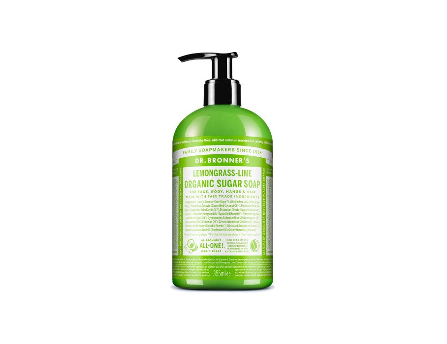 Groene pompflacon Dr. Bronner’s Lemongrass-Lime Organic Sugar Soap 355 ml; biologische suikersoap voor gezicht, lichaam, handen en haar met frisse citroengras-limoengeur.