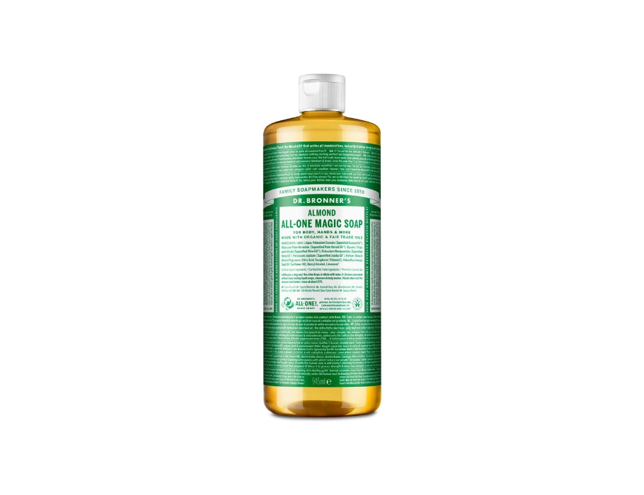 Grote fles Dr. Bronner’s Almond All-One Magic Soap 945 ml met groen label en witte dop; biologische vloeibare zeep met zachte amandelgeur.