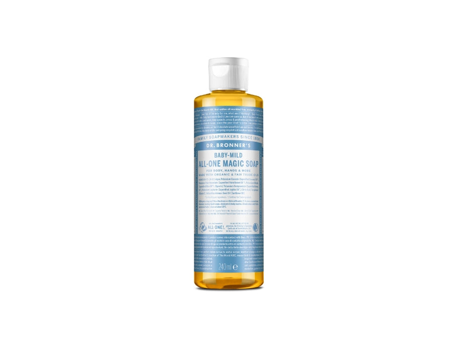 Transparante fles Dr. Bronner’s Baby-Mild All-One Magic Soap met lichtblauwe label en witte dop; ongeparfumeerde biologische vloeibare zeep van 240 ml.