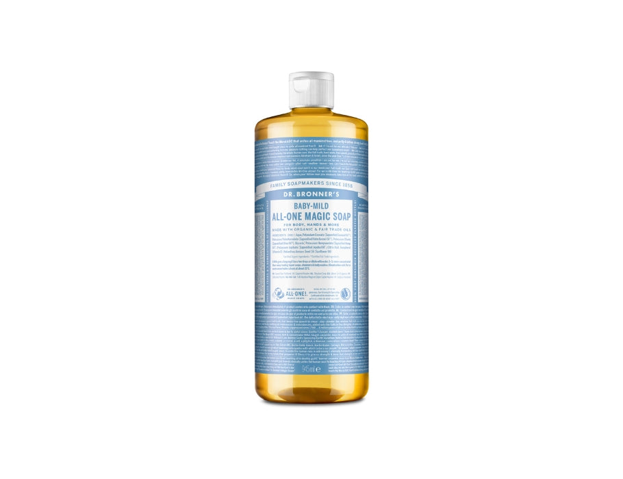 Grote transparante fles Dr. Bronner’s Baby-Mild All-One Magic Soap met lichtblauwe label en witte dop; ongeparfumeerde biologische vloeibare zeep van 473 ml.