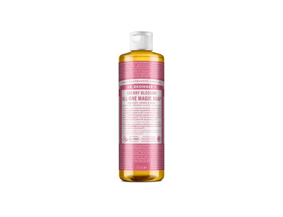 Grote transparante fles Dr. Bronner’s Cherry Blossom All-One Magic Soap met roze label en witte dop; biologische vloeibare zeep van 473 ml.