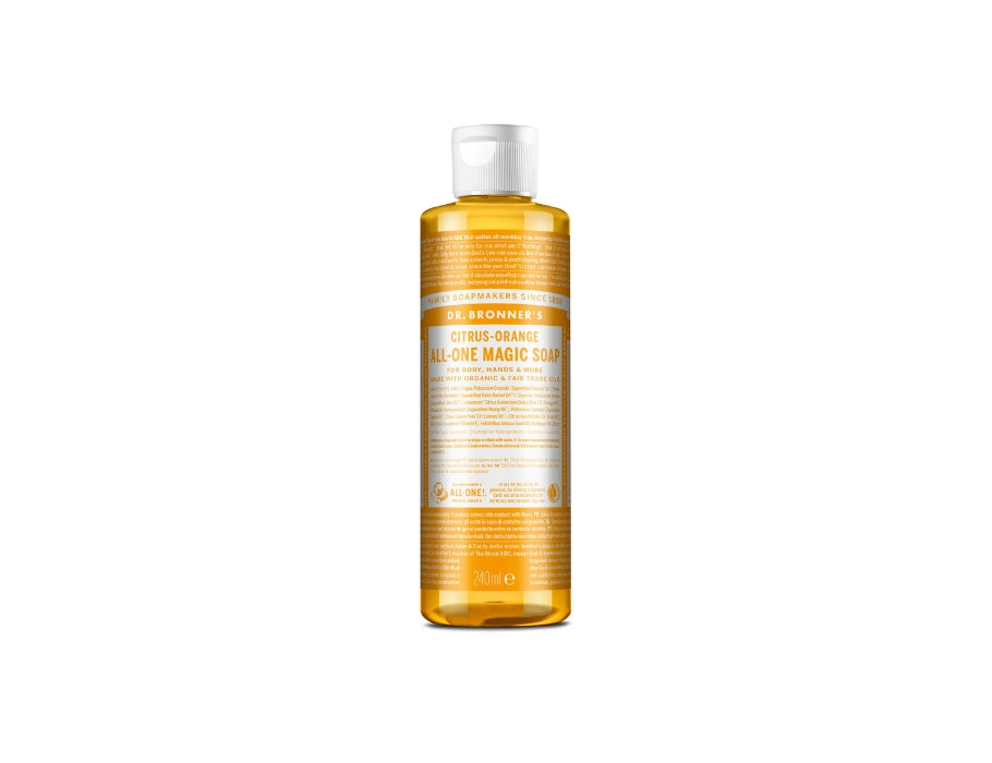 Transparante fles Dr. Bronner’s Citrus-Orange All-One Magic Soap van 240 ml met wit-oranje label en witte dop; biologische vloeibare zeep met frisse citrusgeur.