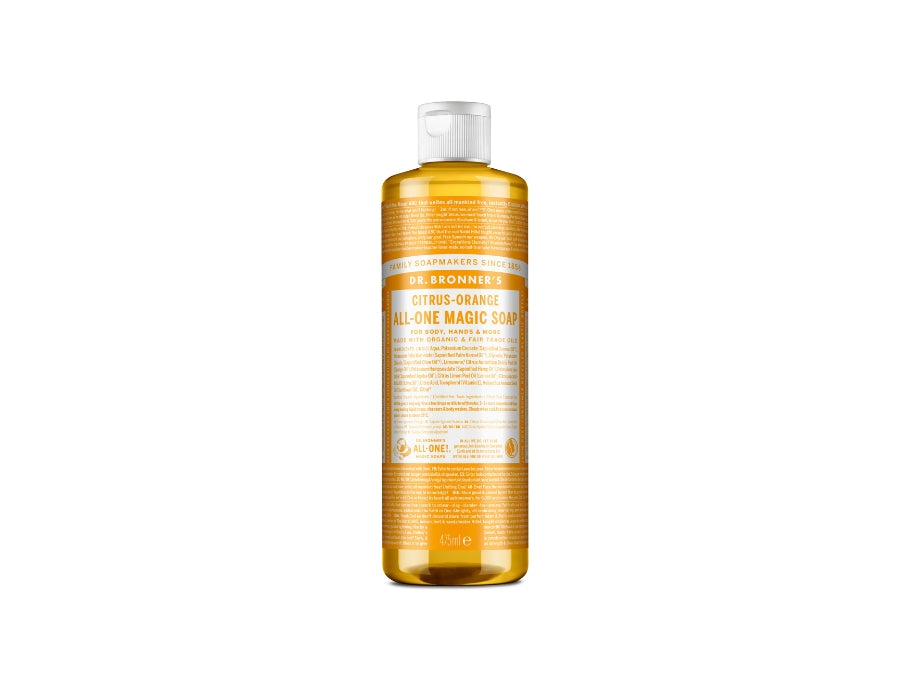 Grote transparante fles Dr. Bronner’s Citrus-Orange All-One Magic Soap van 475 ml met wit-oranje label en witte dop; natuurlijke vloeibare zeep met frisse citrusgeur.