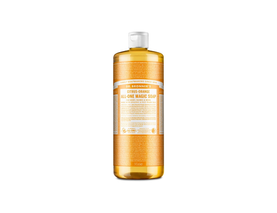 Extra grote fles Dr. Bronner’s Citrus-Orange All-One Magic Soap 945 ml met oranje label en witte dop; biologische vloeibare zeep met frisse citrus-sinaasappelgeur.