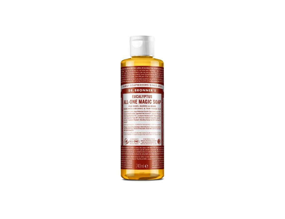 Transparante fles Dr. Bronner’s Eucalyptus All-One Magic Soap van 240 ml met wit-bordeauxrood label en witte dop; biologische vloeibare zeep met frisse eucalyptusgeur.