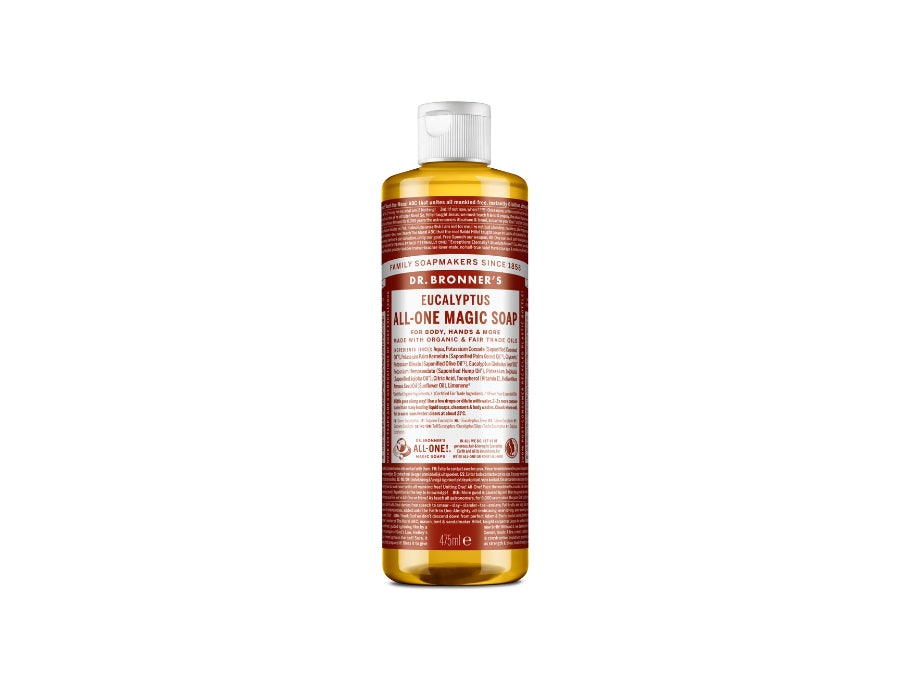Grote transparante fles Dr. Bronner’s Eucalyptus All-One Magic Soap van 475 ml met wit-bordeauxrood label en witte dop; natuurlijke vloeibare zeep met frisse eucalyptusgeur.