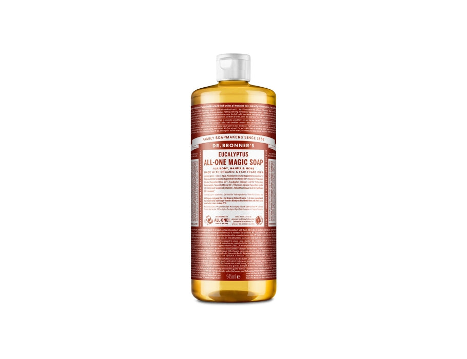 Grote fles Dr. Bronner’s Eucalyptus All-One Magic Soap van 945 ml met een bordeauxrood label en witte dop; biologische vloeibare zeep met eucalyptusgeur.