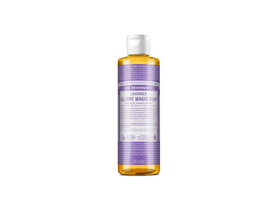 Middelgrote fles Dr. Bronner’s Lavender All-One Magic Soap van 240 ml met paars label en witte dop; biologische vloeibare zeep met lavendelgeur.
