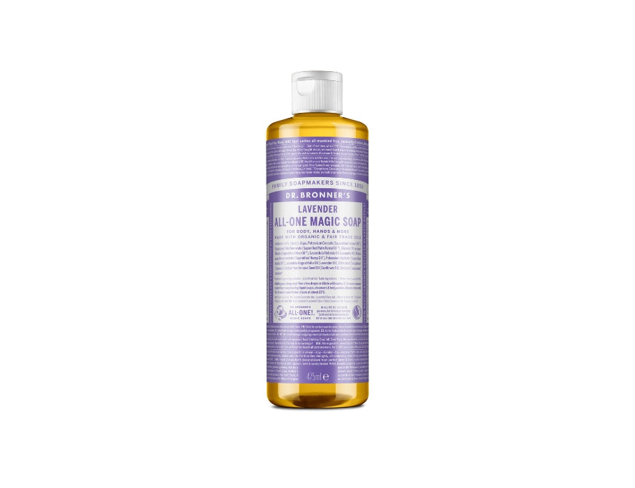 Grote fles Dr. Bronner’s Lavender All-One Magic Soap van 475 ml met paars label en witte dop; biologische vloeibare zeep met lavendelgeur.