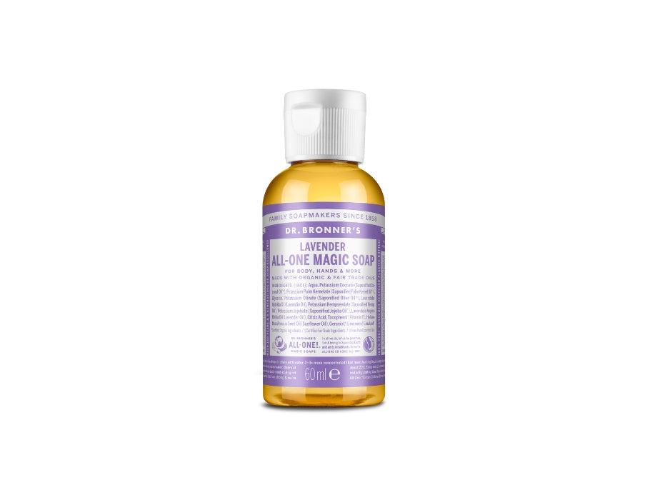 Kleine fles Dr. Bronner’s Lavender All-One Magic Soap van 60 ml met paars label en witte dop; biologische vloeibare zeep met lavendelgeur.