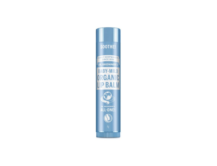 Dr. Bronner’s Baby-Mild Organic Lip Balm 4 g in lichtblauwe stick; ongeparfumeerde biologische lippenbalsem voor gevoelige en droge lippen.