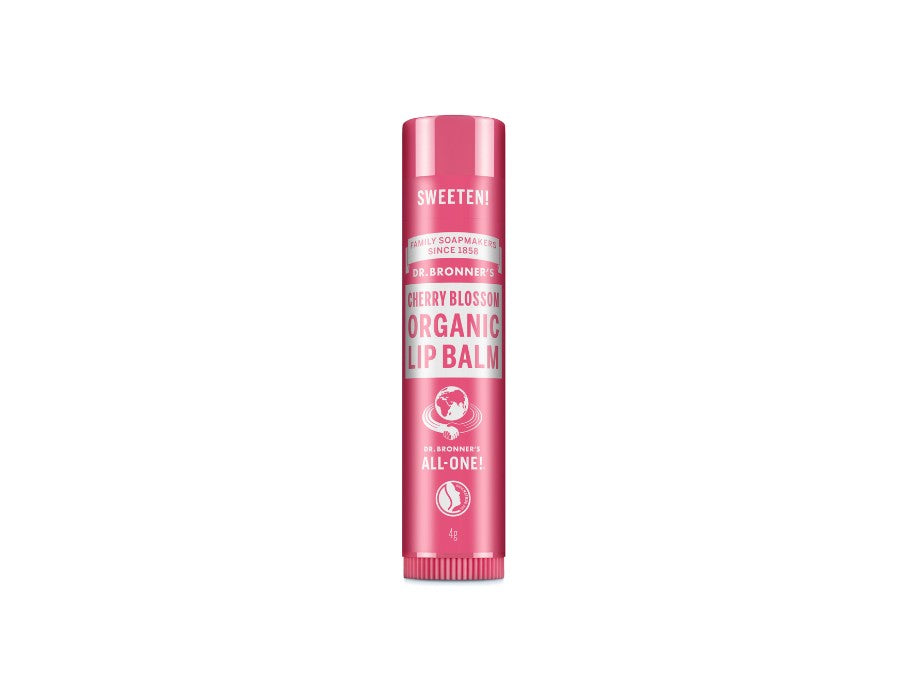 Dr. Bronner’s Cherry Blossom Organic Lip Balm 4 g in roze stick; biologische lippenbalsem met zachte kersenbloesemgeur voor hydraterende lipverzorging.