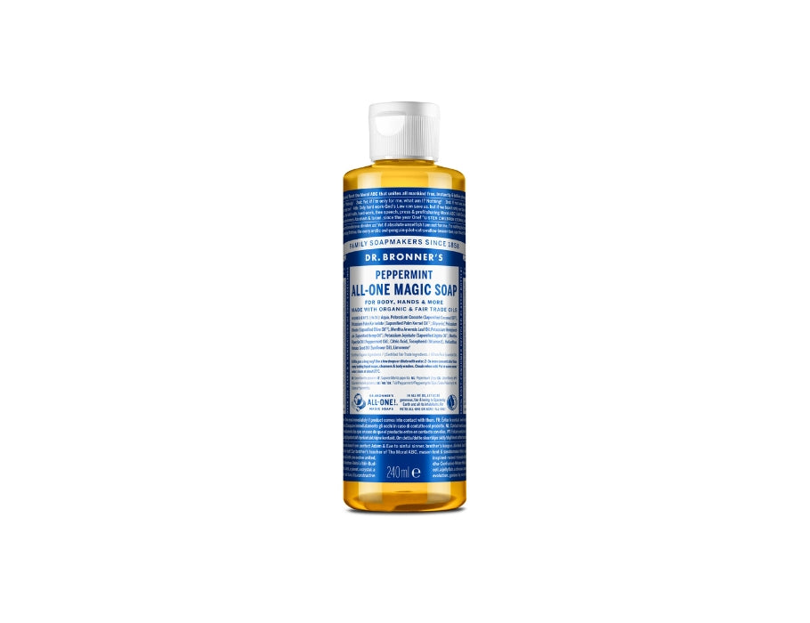 Middelgrote fles Dr. Bronner’s Peppermint All-One Magic Soap van 240 ml met blauw label en witte dop; biologische vloeibare zeep met verfrissende pepermuntgeur.