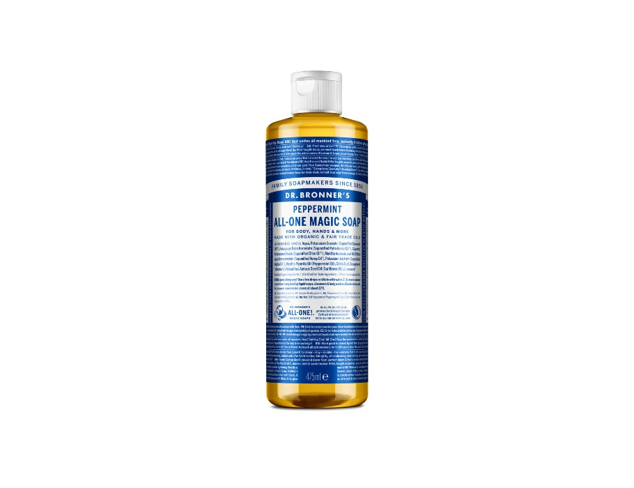 Grote fles Dr. Bronner’s Peppermint All-One Magic Soap van 475 ml met blauw label en witte dop; biologische vloeibare zeep met frisse pepermuntgeur.