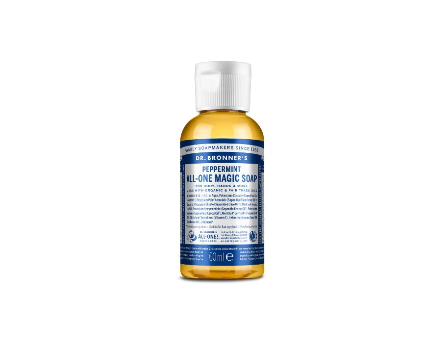 Kleine fles Dr. Bronner’s Peppermint All-One Magic Soap van 60 ml met blauw label en witte dop; biologische vloeibare zeep met frisse pepermuntgeur.