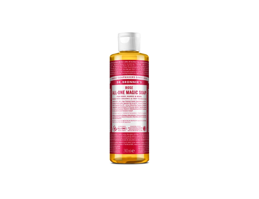 Fles Dr. Bronner’s Rose All-One Magic Soap 240 ml met roze label en witte dop; biologische vloeibare zeep met zachte rozengeur.