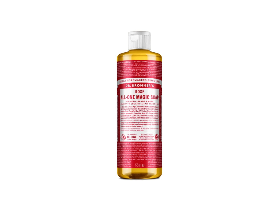 Grote fles Dr. Bronner’s Rose All-One Magic Soap 473 ml met roze label en witte dop; biologische vloeibare zeep met een zachte rozengeur.