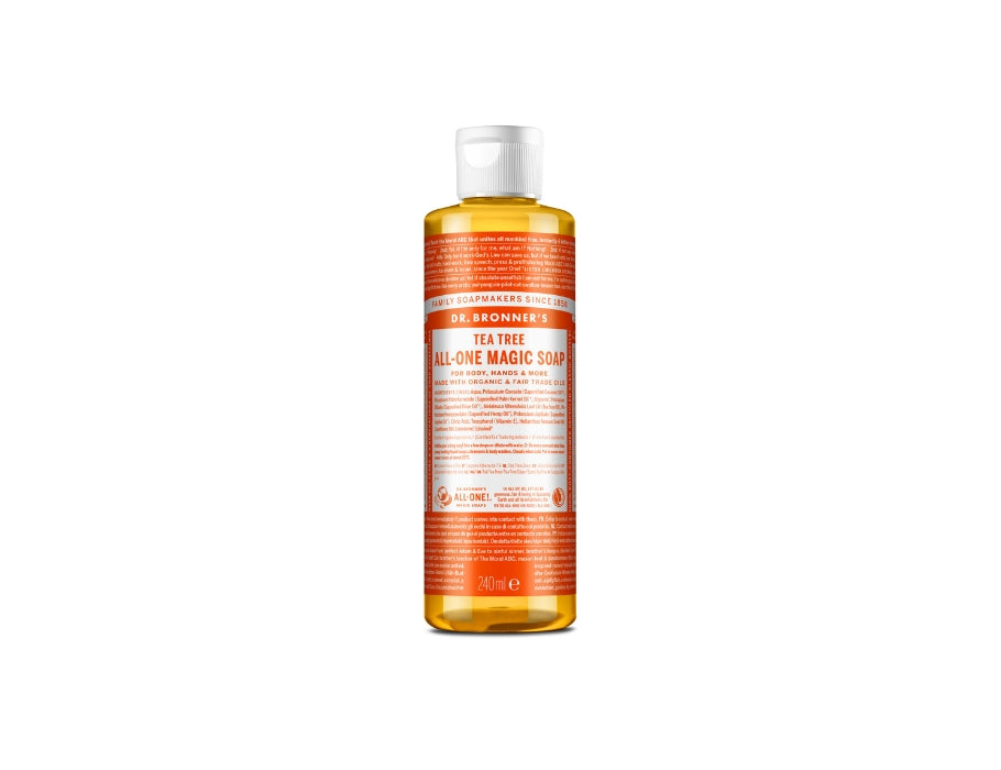 Fles Dr. Bronner’s Tea Tree All-One Magic Soap 240 ml met oranje label en witte dop; biologische vloeibare zeep met zuiverende tea tree-geur.