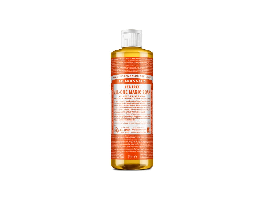 Grote fles Dr. Bronner’s Tea Tree All-One Magic Soap 473 ml met oranje label en witte dop; biologische vloeibare zeep met zuiverende tea tree-geur.