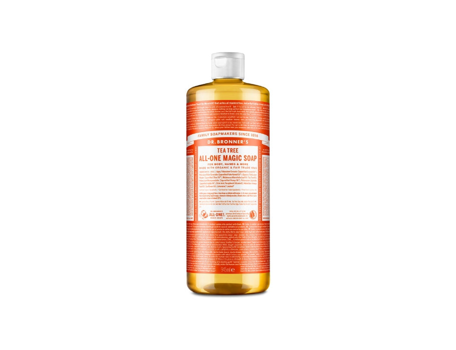 Extra grote fles Dr. Bronner’s Tea Tree All-One Magic Soap 945 ml met oranje label en witte dop; biologische vloeibare zeep met zuiverende tea tree-geur.