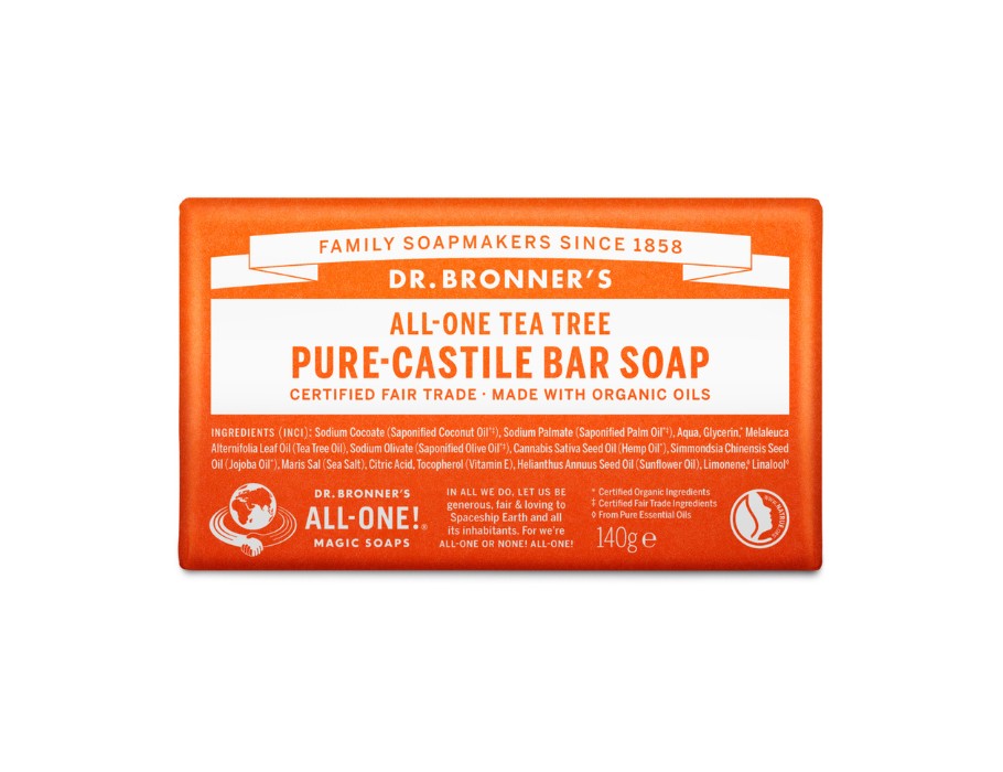 Dr. Bronner’s All-One Tea Tree Pure-Castile Bar Soap 140 g in oranje verpakking; biologische vaste zeep met zuivere tea tree olie voor een fris en zuiverend effect.