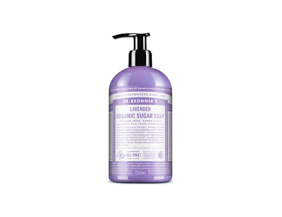 Dr. Bronner’s Lavender Organic Sugar Soap 355 ml in paarse pompflacon; biologische zachte vloeibare zeep voor gezicht, lichaam, handen en haar met lavendelgeur.