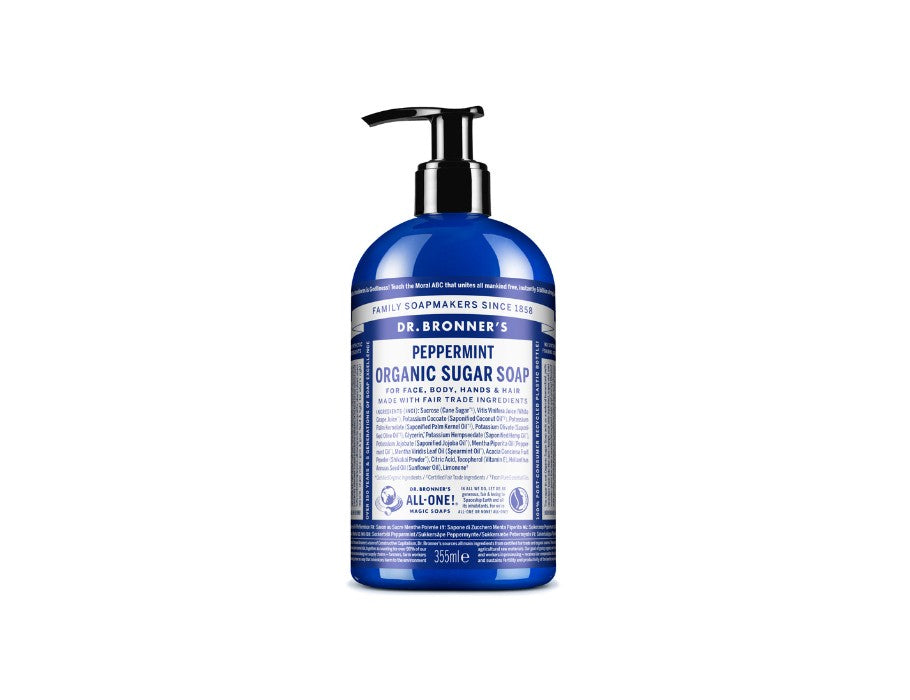 Blauwe pompflacon Dr. Bronner’s Peppermint Organic Sugar Soap 355 ml; biologische suikersoap voor gezicht, lichaam, handen en haar met verfrissende pepermuntgeur.