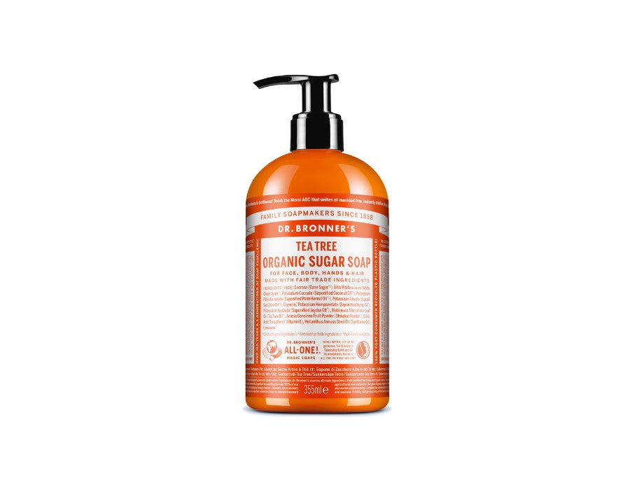 Dr. Bronner’s Tea Tree Organic Sugar Soap 355 ml in oranje pompflacon; biologische vloeibare zeep voor gezicht, lichaam, handen en haar met tea tree geur.