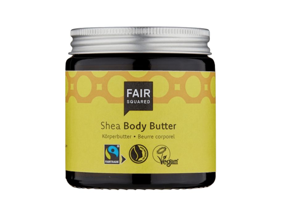 Fair Squared Shea Body Butter in donkere glazen pot met zilverkleurige dop; rijke fairtrade sheaboter voor intensieve verzorging en voeding van de droge huid, volledig vegan.