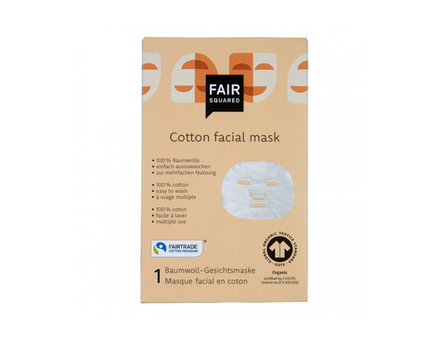 Fair Squared Cotton Facial Mask in een beige verpakking met illustraties van gezichtsmaskers; bevat één herbruikbaar fairtrade en GOTS-gecertificeerd katoenen gezichtsmasker.