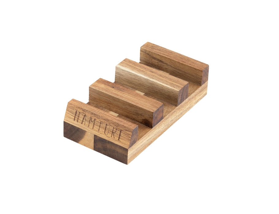 Acaciahouten Namture houder met drie sleuven, ontworpen om de snijplanken rechtop te plaatsen.