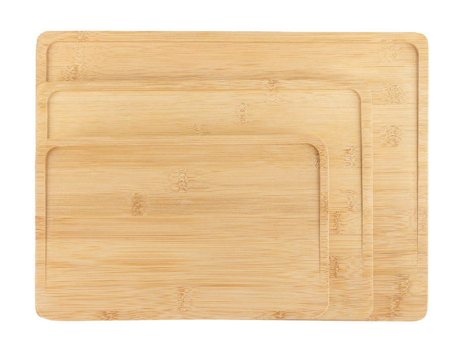 Set van drie bamboe snijplanken van Namture in verschillende maten, netjes boven elkaar weergegeven.