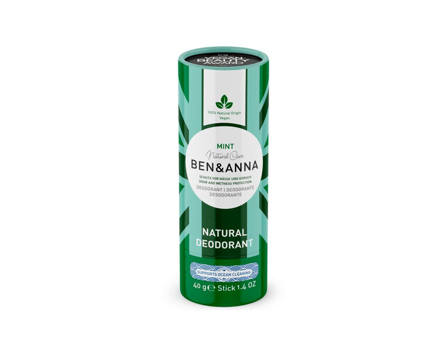 Ben & Anna Mint natuurlijke deodorantstick in groene kartonnen verpakking met frisse mintaccenten, vegan formule en ondersteuning voor ocean cleaning.