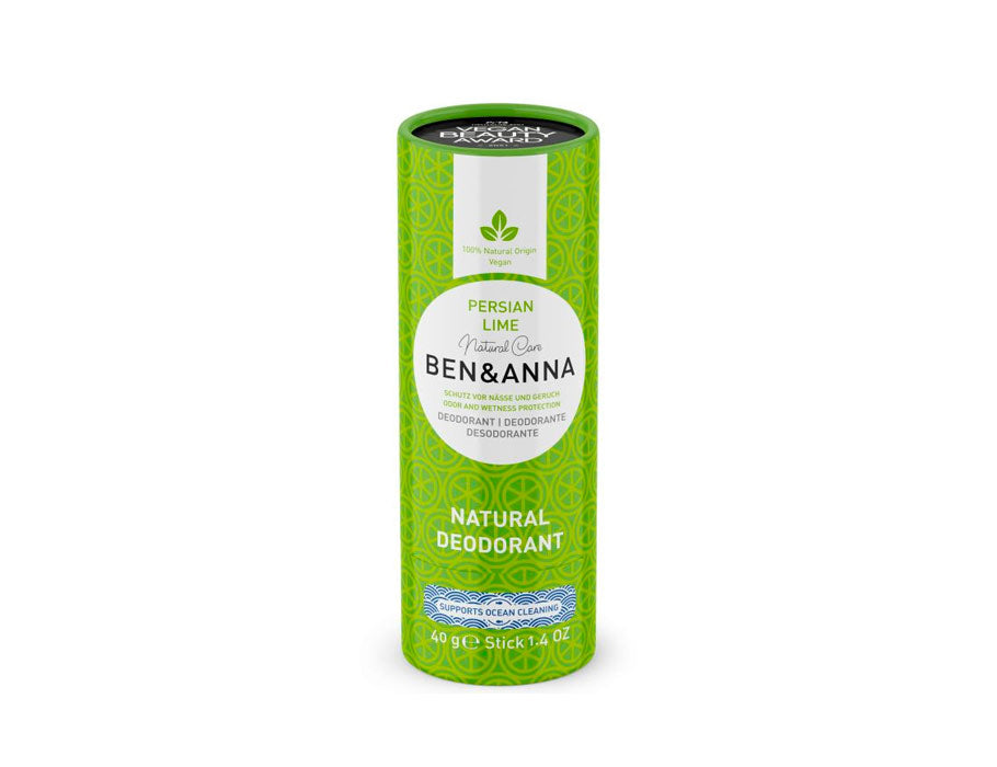 Ben & Anna Persian Lime natuurlijke deodorantstick in felgroene kartonnen verpakking met citruspatroon, vegan formule en ondersteuning voor ocean cleaning.