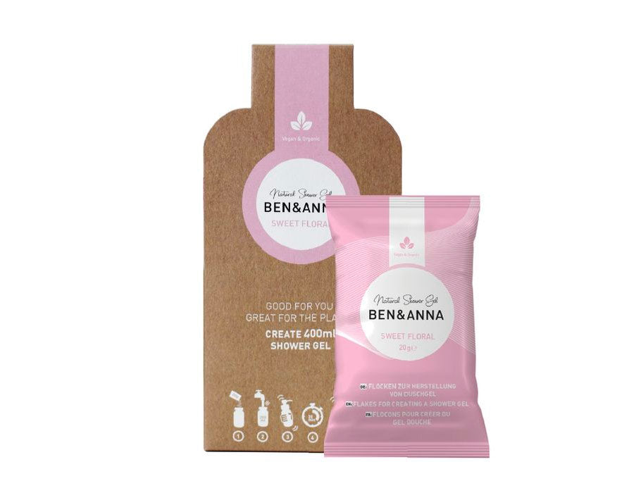 Ben & Anna Sweet Floral douchegelvlokken met duurzame kartonnen verpakking en roze navulzakje van 20 g voor het maken van 400 ml natuurlijke douchegel.