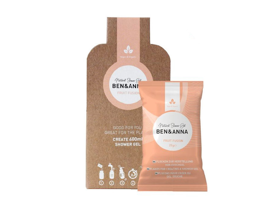 Ben & Anna Fruit Fusion douchegelvlokken met kartonnen verpakking en navulzakje van 20 g voor het maken van 400 ml natuurlijke douchegel.